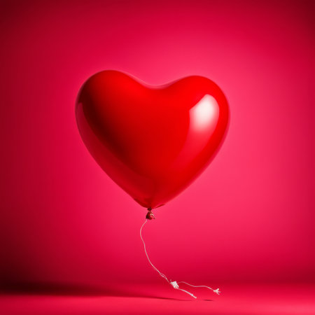Red color Heart shaped balloon isolated on red backgroundの素材