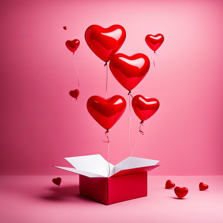 Happy valentines day decoration with opened gift box and heart shape balloon on pink backgroundの素材