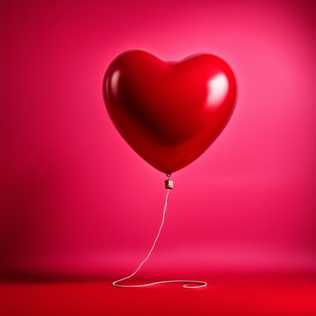Red color Heart shaped balloon isolated on red backgroundの素材