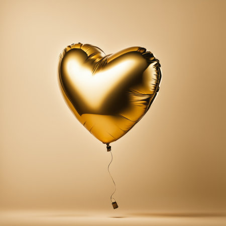 Golden Heart shaped balloon isolated on gold backgroundの素材