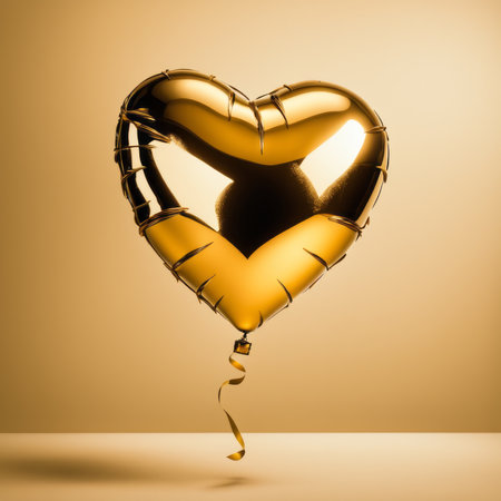 Golden Heart shaped balloon isolated on gold backgroundの素材