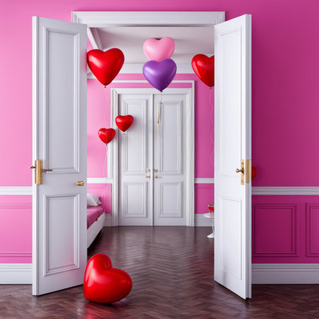 Room with open door and heart shaped balloons enteringの素材
