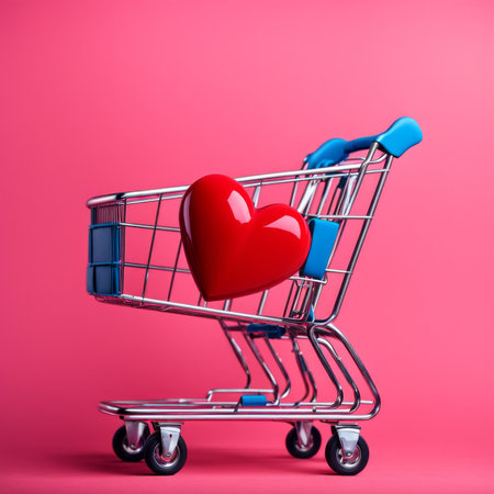 Shopping cart with red heart on pink backgroundの素材