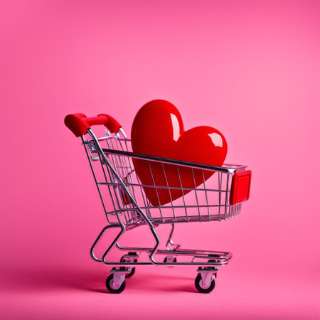 Shopping cart with red heart on pink backgroundの素材