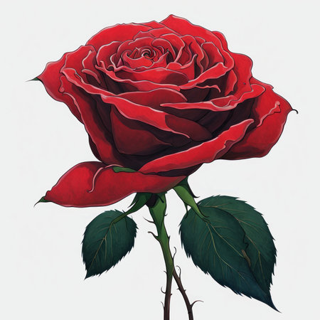 A Red Rose with leaf on a white backgroundの素材