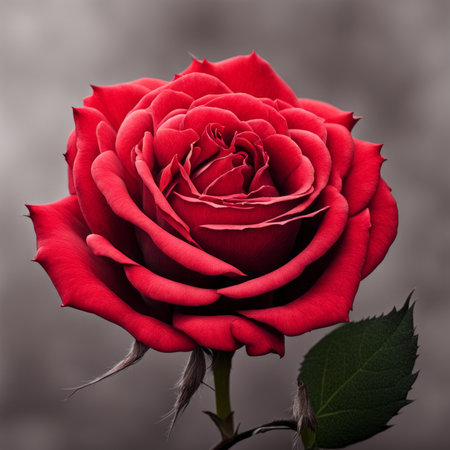 A Red Rose with leaf on a dark backgroundの素材