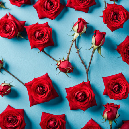 Red rose flower on blue background, Valentine's day greeting card.の素材