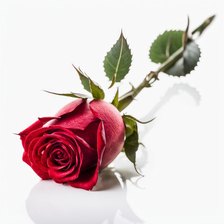 A Red Rose with leaf on a white backgroundの素材