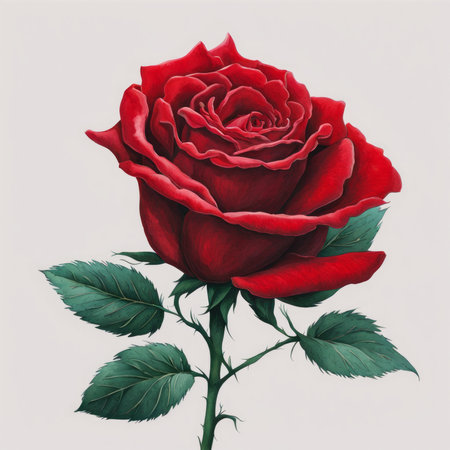 A Red Rose with leaf on a white backgroundの素材
