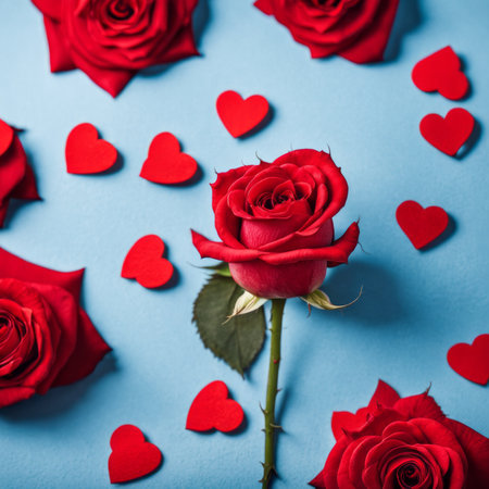 Red rose flower on blue background, Valentine's day greeting card.の素材