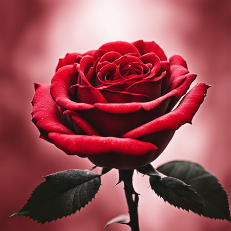 A Red Rose with leaf on a dark backgroundの素材