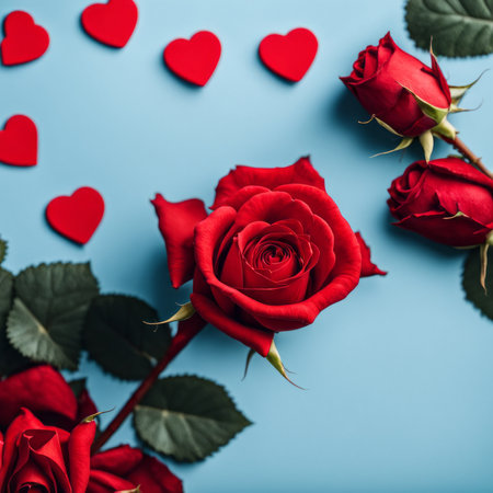 Red rose flower on blue background, Valentine's day greeting card.の素材