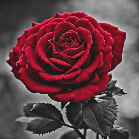 A Red Rose with leaf on a dark backgroundの素材