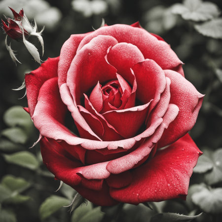 A Red Rose with leaf on a dark backgroundの素材