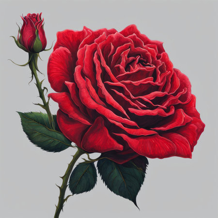 A Red Rose with leaf on a white backgroundの素材