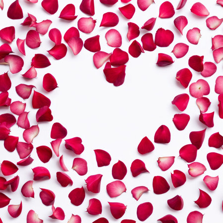 The shape of a heart created within scattered pinkish red rose petalsの素材