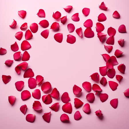 The shape of a heart created within scattered pinkish red rose petalsの素材