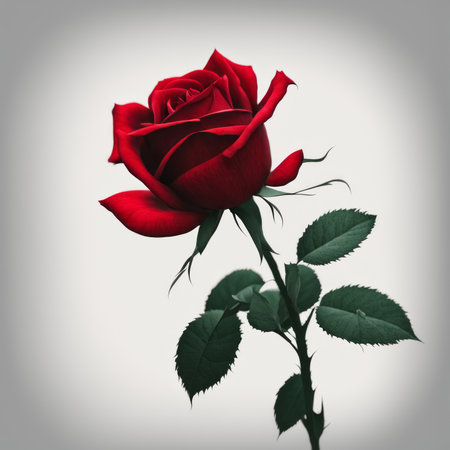 A Red Rose with leaf on a white backgroundの素材