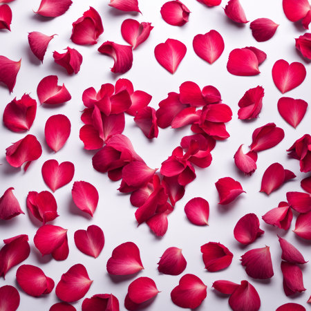The shape of a heart created within scattered pinkish red rose petalsの素材