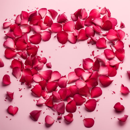 The shape of a heart created within scattered pinkish red rose petalsの素材