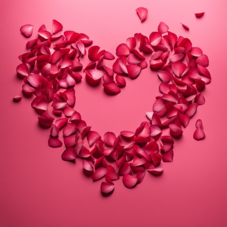 The shape of a heart created within scattered pinkish red rose petalsの素材