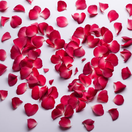 The shape of a heart created within scattered pinkish red rose petalsの素材