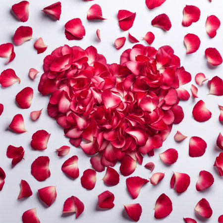 The shape of a heart created within scattered pinkish red rose petalsの素材