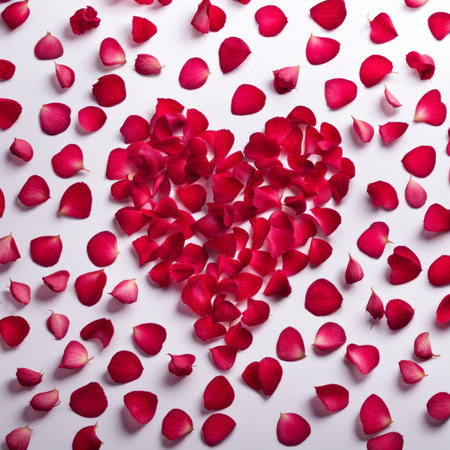 The shape of a heart created within scattered pinkish red rose petalsの素材