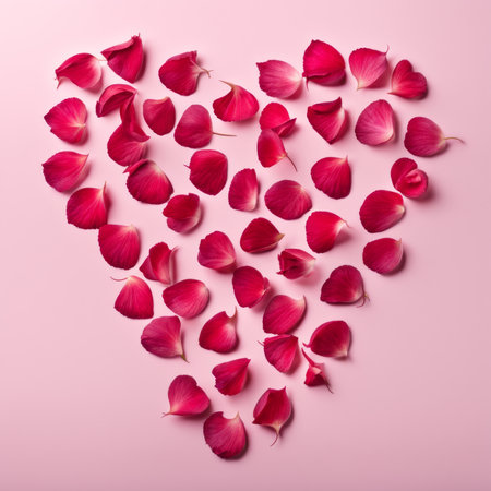 The shape of a heart created within scattered pinkish red rose petalsの素材