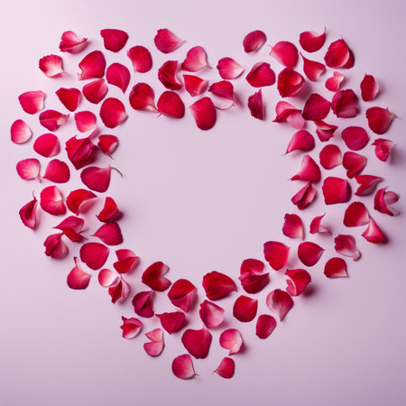 The shape of a heart created within scattered pinkish red rose petalsの素材