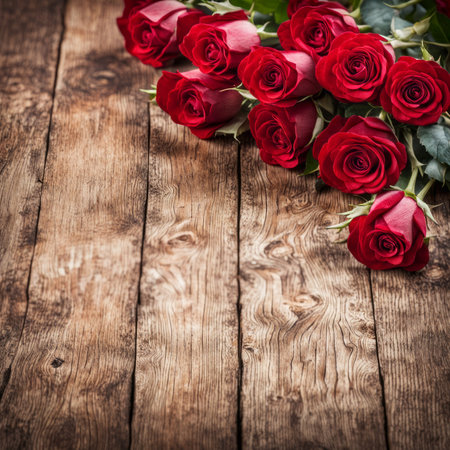 A beautiful bunch of red roses on a wooden backgroundの素材