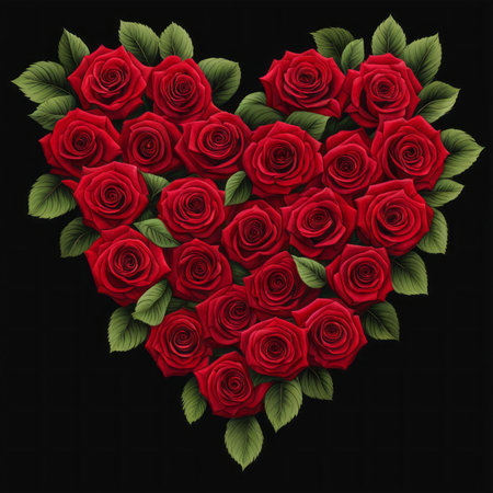 An arrangement of roses in the shape of a heartの素材