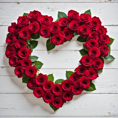An arrangement of roses in the shape of a heartの素材