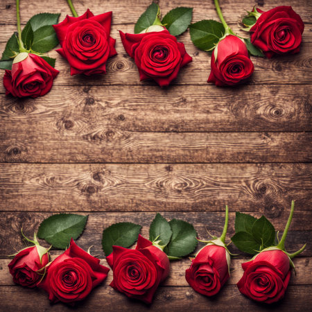 A beautiful bunch of red roses on a wooden backgroundの素材
