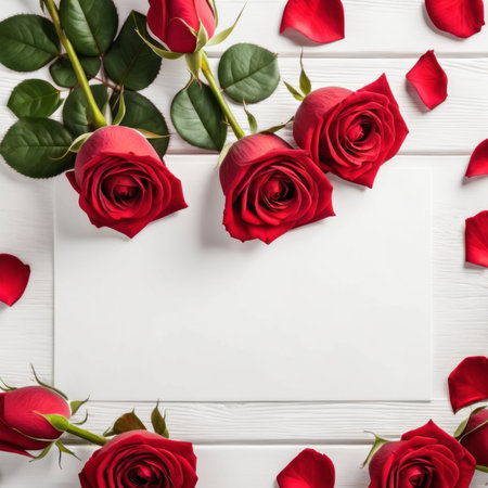 Red rose flowers over white wood background. Romantic greeting card for Valentine's Day.の素材