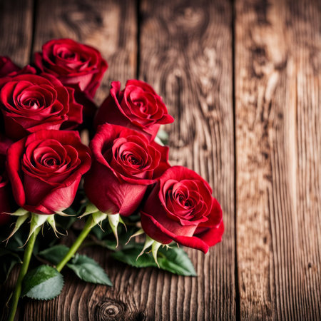 A beautiful bunch of red roses on a wooden backgroundの素材