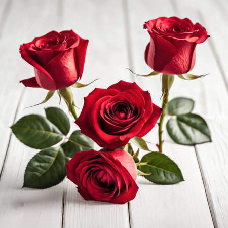 Red rose flowers over white wood background. Romantic greeting card for Valentine's Day.の素材