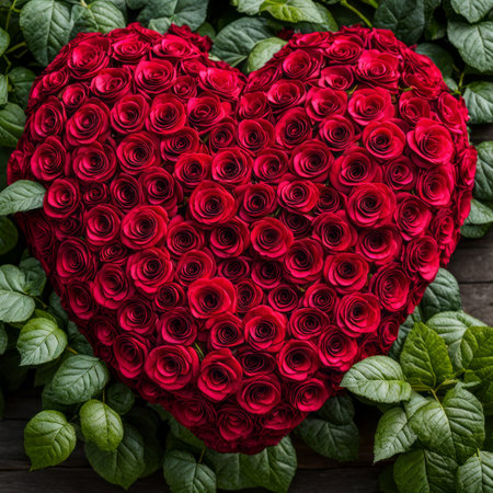 An arrangement of roses in the shape of a heartの素材