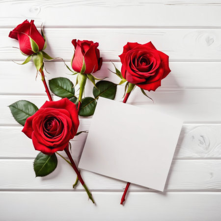 Red rose flowers over white wood background. Romantic greeting card for Valentine's Day.の素材