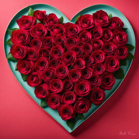 An arrangement of roses in the shape of a heartの素材
