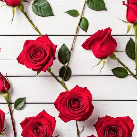 Red rose flowers over white wood background. Romantic greeting card for Valentine's Day.の素材