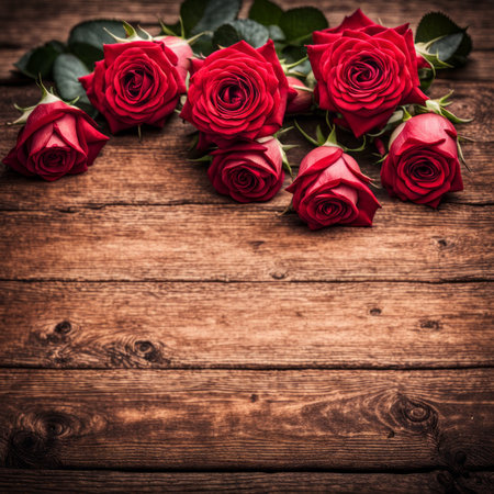 A beautiful bunch of red roses on a wooden backgroundの素材