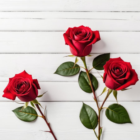 Red rose flowers over white wood background. Romantic greeting card for Valentine's Day.の素材