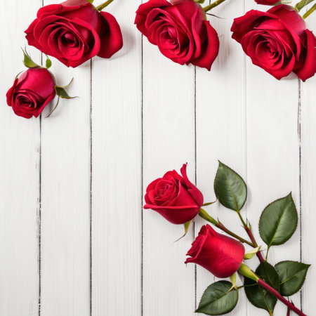 Red rose flowers over white wood background. Romantic greeting card for Valentine's Day.の素材