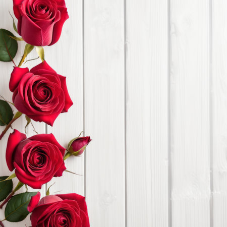 Red rose flowers over white wood background. Romantic greeting card for Valentine's Day.の素材