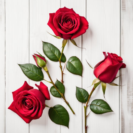 Red rose flowers over white wood background. Romantic greeting card for Valentine's Day.の素材