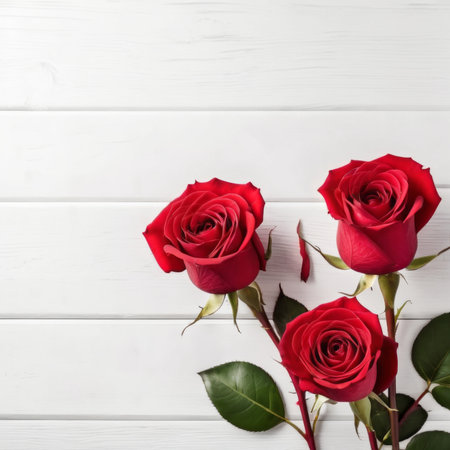 Red rose flowers over white wood background. Romantic greeting card for Valentine's Day.の素材