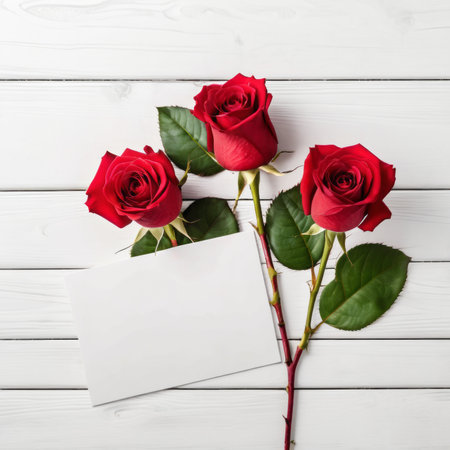 Red rose flowers over white wood background. Romantic greeting card for Valentine's Day.の素材