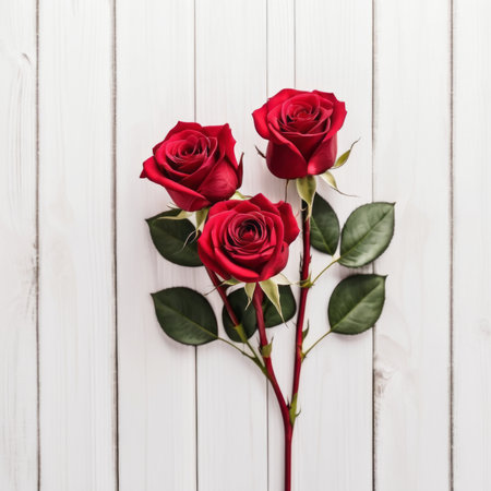 Red rose flowers over white wood background. Romantic greeting card for Valentine's Day.の素材