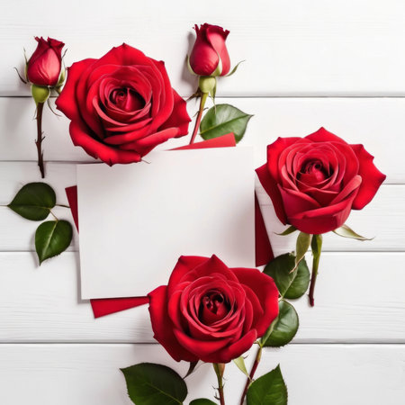 Red rose flowers over white wood background. Romantic greeting card for Valentine's Day.の素材